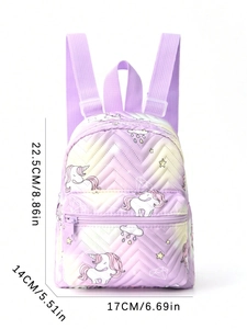 Detailed size chart of purple quilted unicorn backpack with dimensions 22.5x14x17 cm