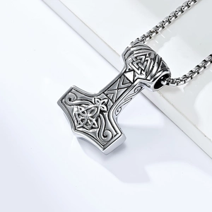 Nordic Mjölnir Thor's Hammer pendant necklace with intricate relief in stainless steel