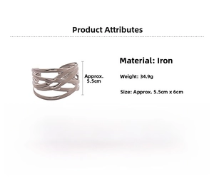 Detail view of multilayer crossover metal bangle with 34.9g weight and 5.5x6cm inner diameter