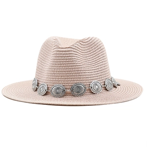 Men's Panama straw hat with bohemian alloy sunflower decorative band for beach sun protection