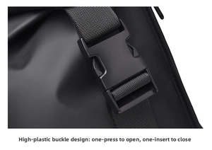 Close-up of durable quick-release plastic buckle and high-density nylon strap on backpack