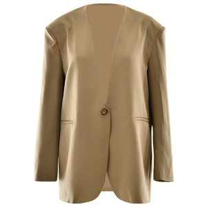 Detail of khaki long-sleeved collarless blazer with single metal button and flap pockets