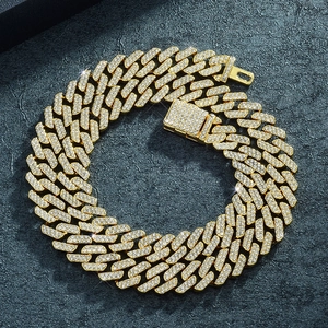 12mm gold Cuban link chain with sparkling rhinestones for men in a circular display