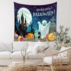Detailed Halloween wall tapestry with spooky castle and pumpkins above a white sofa