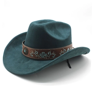 Detail of teal suede western cowboy hat featuring embroidered leather band and turquoise stud