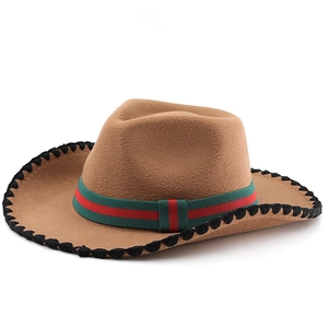Brown western cowboy hat with vintage red and green stripe band and contrast stitching