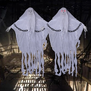 Scary hanging Halloween ghosts with glowing red eyes and black plastic chains décor