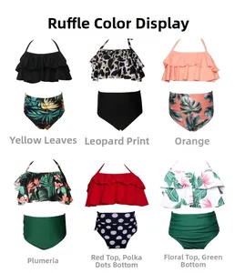 Detail view of two-piece children swimsuits in six patterns with ruffles and high waist