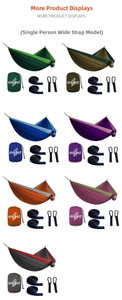 Detail of portable nylon hammock set with straps and hooks in multiple vibrant colors