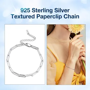 S925 sterling silver paperclip chain bracelet with textured rectangular link design