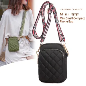 Quilted Nylon Mini Crossbody Phone Bag Waterproof Pouch Multi Zipper Pockets With Ethnic Wide Shoulder Strap For Women