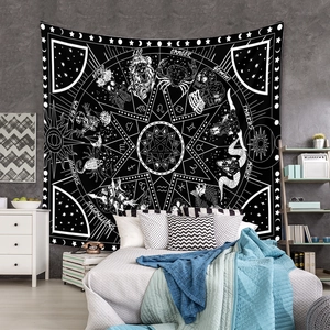 Close-up detail of black and white zodiac tapestry featuring mystical star patterns