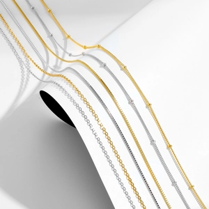 Various S925 sterling silver chain styles in gold and silver finishes on white background
