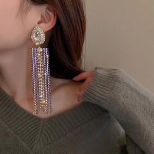 Exaggerated silver teardrop tassel earrings with blue and silver rhinestones for women