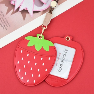 Cartoon strawberry PU leather ID card holder with neck lanyard and clear window slot