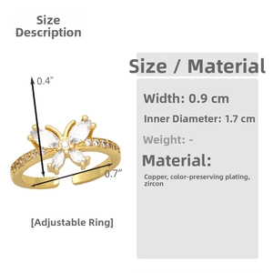 Detailed chart showing butterfly ring dimensions with gold finish and zircon stones