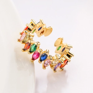 Luxury gold plated geometric open ring with vibrant multi-color marquise cut zircons