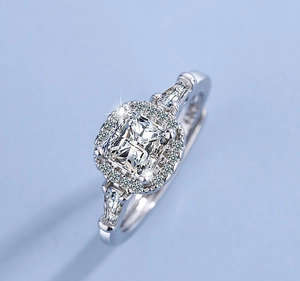 Side view of square-cut cubic zirconia ring with micro-pave setting and split shank