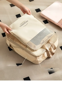 Beige compression travel bags set with mesh windows and capacity labels for suitcase