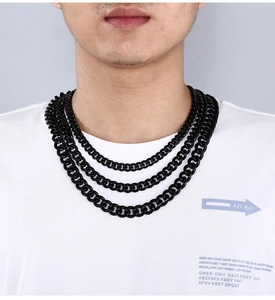 Close-up of black multilayered cuban chain necklace worn by a male model