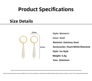 Detail shot of 14K gold-plated stainless steel teardrop pearl earrings with 22x62mm dimensions