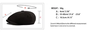 Size chart for solid wool newsboy cap showing weight, brim length, and head circumference