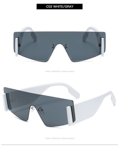 Macro shot of stylish white shield sunglasses frame featuring premium gray lenses