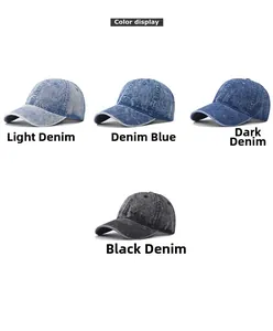 Detailed view of washed denim baseball caps showing textures in blue and black colors