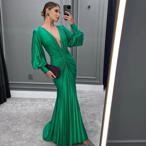 Elegant Emerald Green Deep V-Neck Satin Maxi Dress Long Lantern Sleeve Pleated Evening Party Gown For Women Vintage French