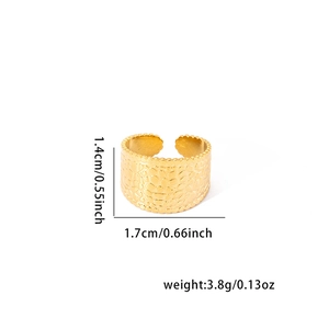 Detail shot showing dimensions of 1.4cm width and 1.7cm diameter gold weave texture ring