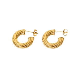 Polished 18K gold plated stainless steel twisted C-shape hoop earrings on white background
