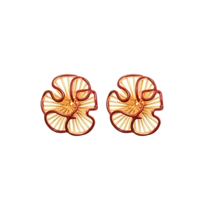 Elegant gold-plated flower stud earrings with red zircon accents for a festive look