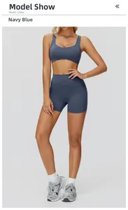Détail du short de sport taille haute bleu marine et de la brassière de sport élastique