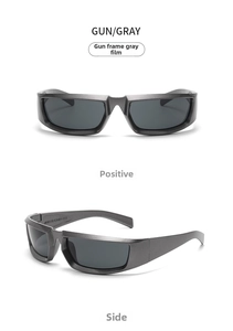 Detail of gunmetal Y2K futuristic sunglasses showing front and side profile views