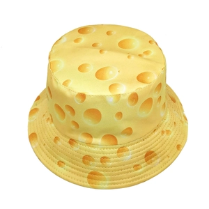 Creative yellow bucket hat with cheese print featuring a reversible outdoor fashion style
