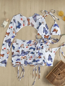 Flat lay of butterfly print 4-piece swimwear set with mesh cover-up and drawstring skirt