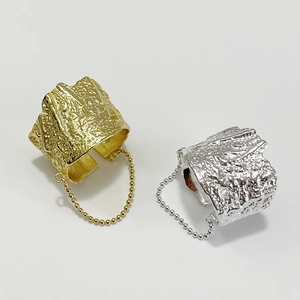 Irregular textured wide 925 silver open rings in gold and silver with metal bead chains