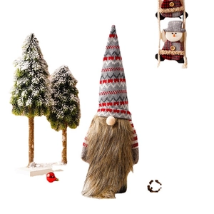 Christmas gnome wine bottle cover with long beard and mini snowy pine trees decor
