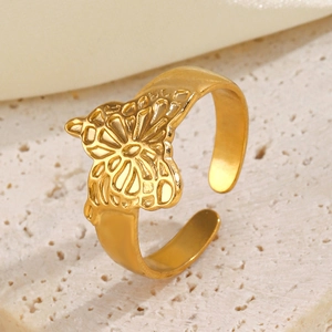Adjustable golden stainless steel butterfly ring with detailed hollow-out wing design