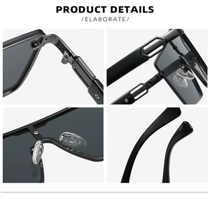 Detail view of square sunglasses with metal hinges, nose pads, and hexagon hardware accents