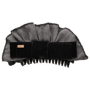 Barrette élégante en tissu plissé gris avec nœud en velours noir et détails dorés