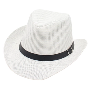 Classic white woven western cowboy straw hat with black decorative band and silver buckle