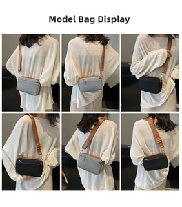 Detail shots showing black and grey small crossbody bags with brown straps on a model