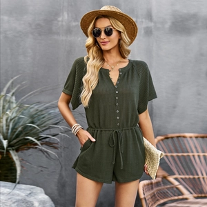 Women's army green waffle knit short sleeve romper with V-neck and drawstring waist