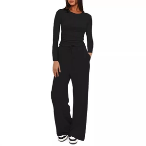 Completi da Donna Casual a Manica Lunga Girocollo Con Increspature e Pantaloni a Gamba Larga a Vita Alta