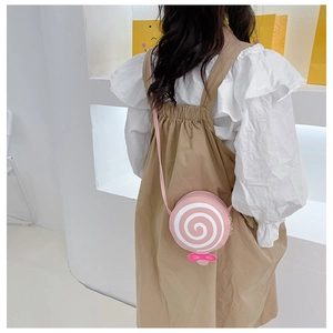 Pink lollipop shaped crossbody bag for kids featuring durable PU leather material