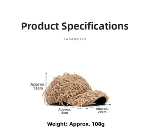 Detail view of brown fluffy baseball cap with plush long-hair texture and dimensions