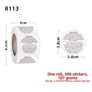 Detailed view of 3.8x3.8cm candle warning safety labels in a 500-sticker roll format