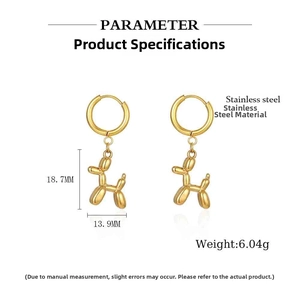 Detail view of gold balloon dog earrings made of stainless steel with size dimensions