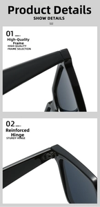 Detail view of high-quality black square frame and sturdy metal hinges on sunglasses